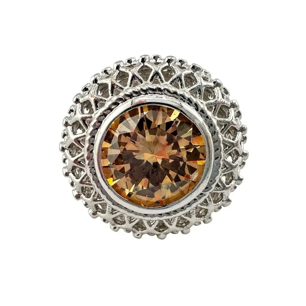 Amber Crystal Gemstone Vintage Style Lattice Silver Tone Size 9 Cocktail Ring